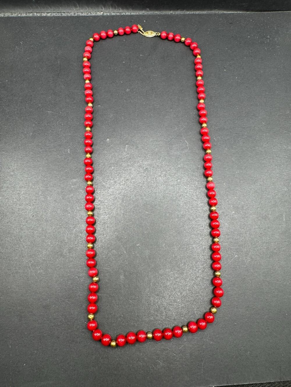 Red Bead Necklace with 14K Gold Tone Accent Spheres and Ornate Filigree Clasp